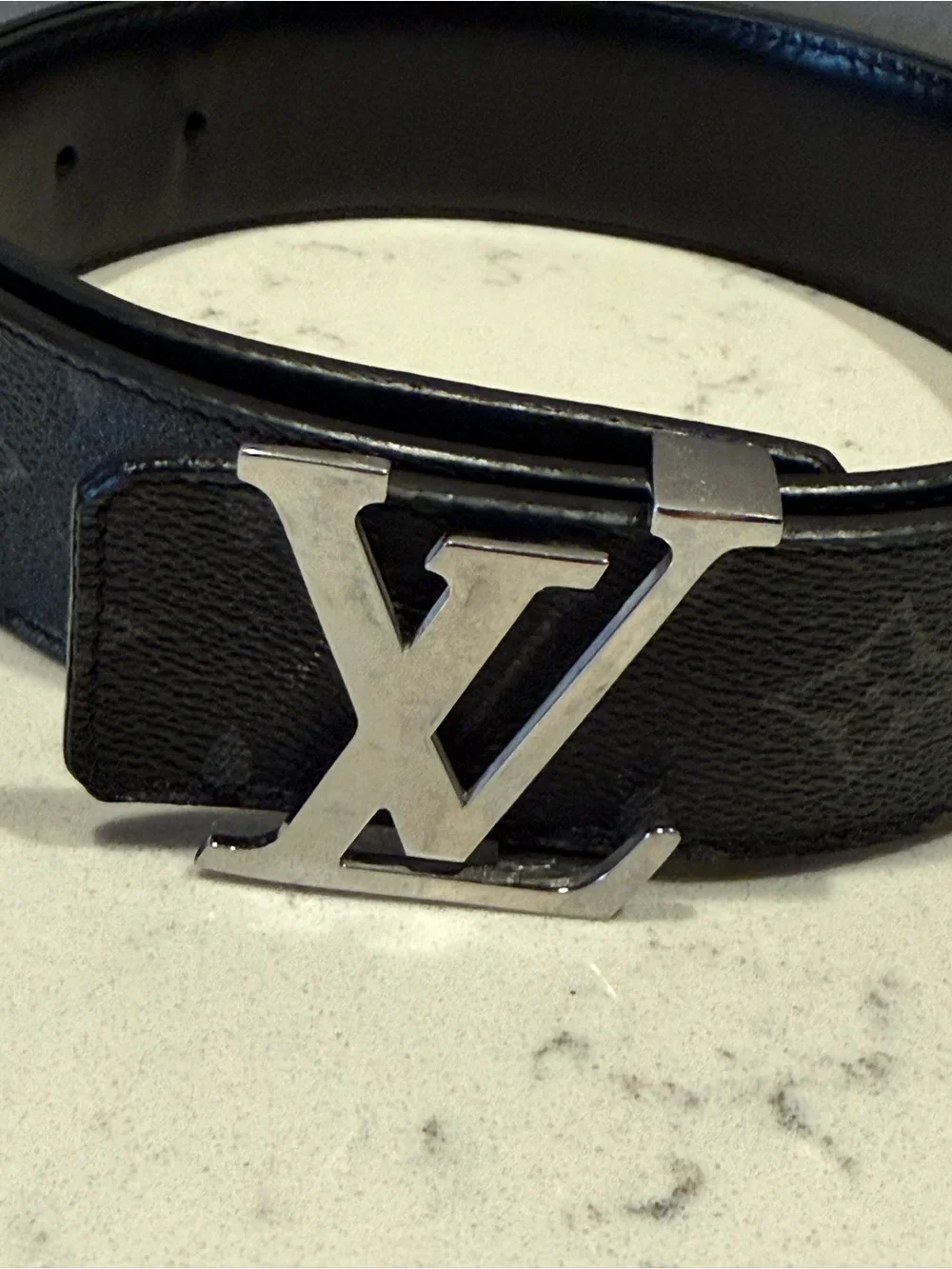 Louis Vuitton Black Leather Textured Belt with Subtle Monogram